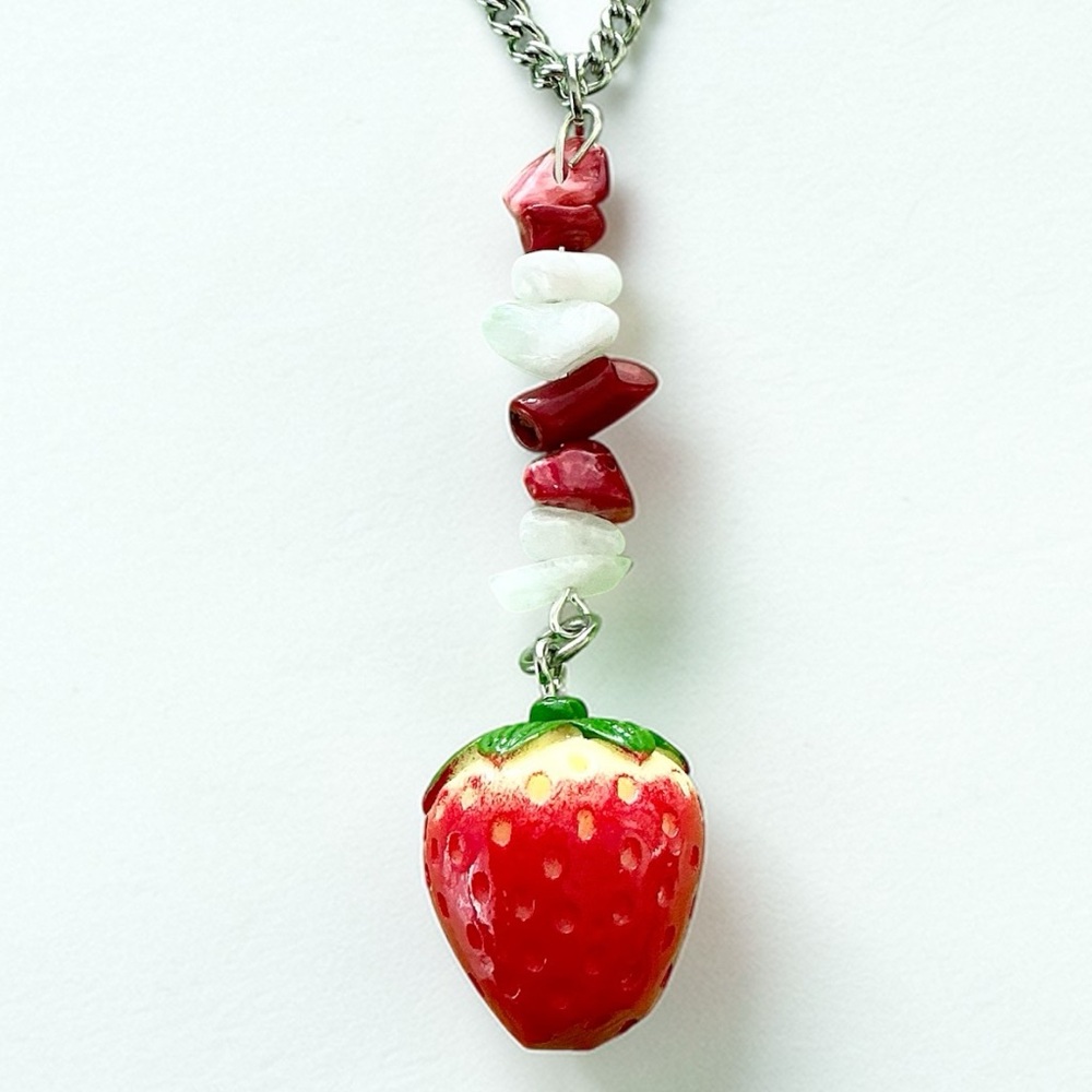 🆕 3D Resin Strawberry and Gemstones Pendant Necklace-Stainless Steel